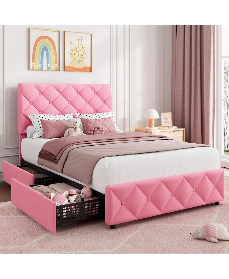 Bed Frame with 4 Storage Drawers and Adjustable Headboard, Linen Upholstered Platform Beds, Diamond Stitched Button Tufted