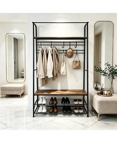 Hall Tree with Bench, Entryway Coat Rack Shoe Storage Organizer with 8 Hooks, Stable Metal Frame Space-Saving Mudroom Furniture for Foyer Home