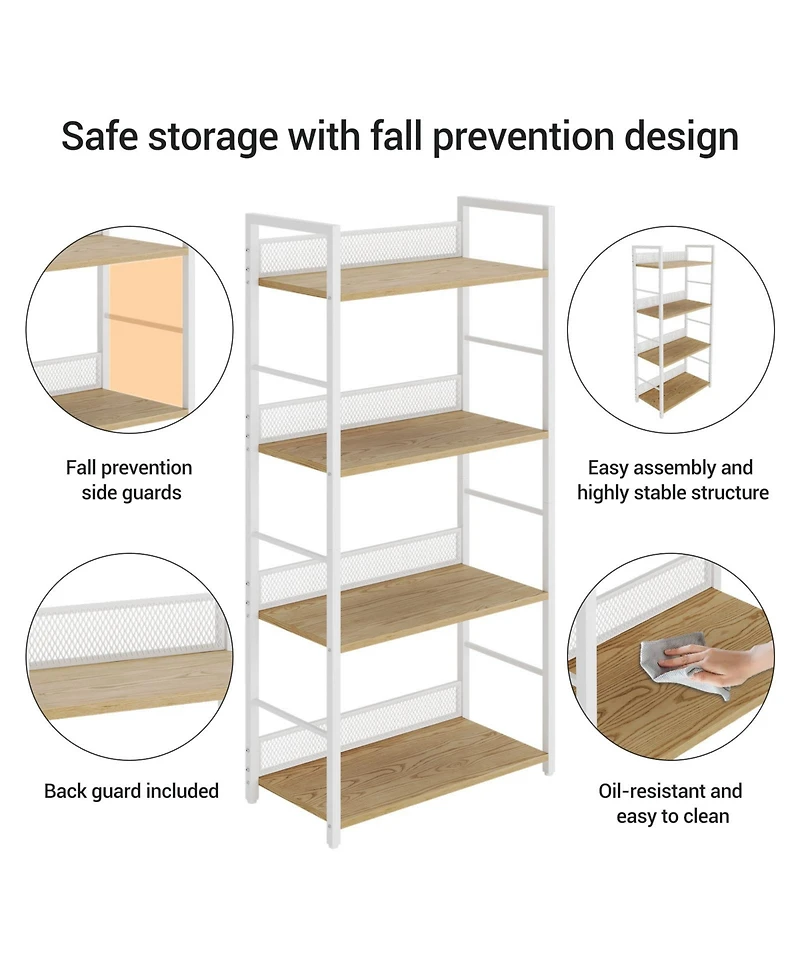 4-Tier Industrial Bookshelf, Metal and Wood Freestanding Open Display Rack with Anti-Fall Mesh Guard, Anti-Tip Kit for Home Office Bedroom Living Room