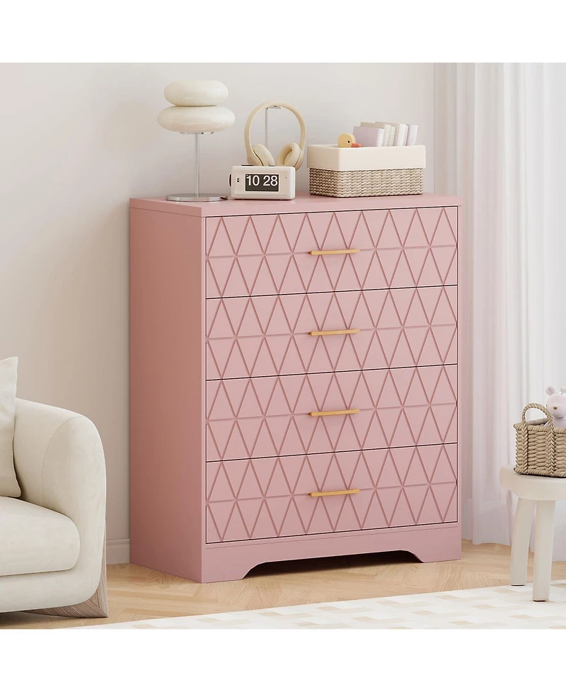 4 Drawer Chest of Drawers with Gold Metal Handles, Modern Tall Dresser Storage Organizer Cabinet for Living Room, Hallway, Nightstand, Pink