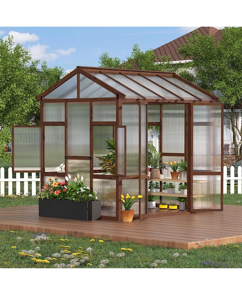 8x7 Ft Walk-In Greenhouse, Fir Wood Frame with Clear Polycarbonate Panels for Patio Backyard Garden All-Season Plant Growing, Natural Wood