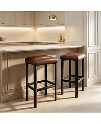 25 "H x 16 "W Set of 4/Set 2 Square Bar Stools with Pu Leather Seat and Metal Legs, Counter Height Barstools for Kitchen Island Dining Room, Brown