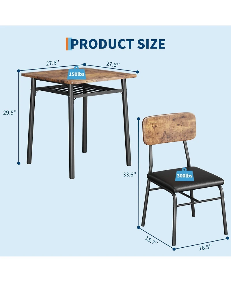 Dining Table for 2 with Storage Rack Small Kitchen Table Set with Upholstered Chairs Metal Frame Space Saving for Apartment Dining Room Small Space
