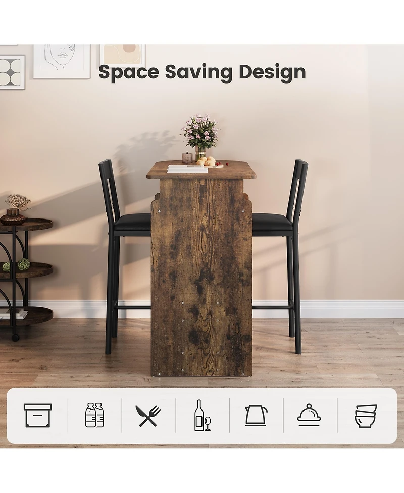 Bar Table and Chair Set for 2 Counter Height with Wine Rack and Wine Glass Holder Open Storage Shelf Space Saving for Kitchen Dining Room Apartment