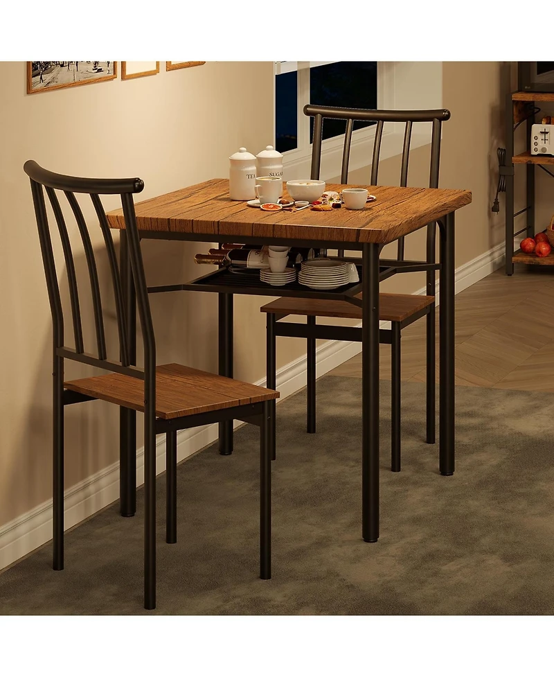 Dining Table Set 3 Piece with Wine Rack Rustic Brown Metal and Wood for Kitchen Apartment Small Space