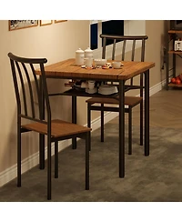 Dining Table Set 3 Piece with Wine Rack Rustic Brown Metal and Wood for Kitchen Apartment Small Space