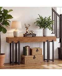 63" Modern Console Table, Wood Entryway Table with Metal Legs, Narrow Behind Couch Table, Rustic Brown/Black