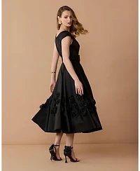 Mac Duggal Women's Belted Floral Rosette A-Line Midi Dress
