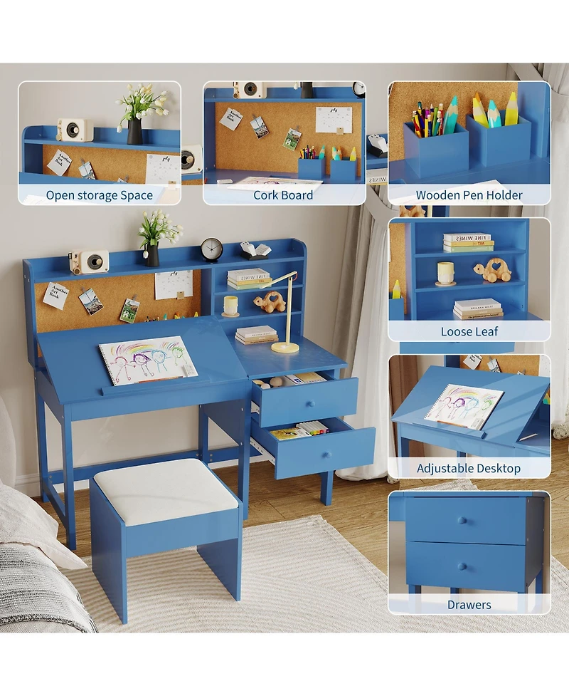 homfan Adjustable Kids Desk and Chair Set, Wooden Study Table with Tilting Desktop, Drawers Cork Board, Ergonomic Workspace for Boys Girls