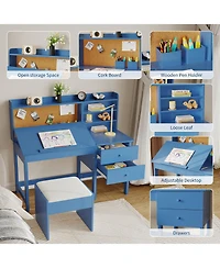 homfan Adjustable Kids Desk and Chair Set, Wooden Study Table with Tilting Desktop, Drawers Cork Board, Ergonomic Workspace for Boys Girls