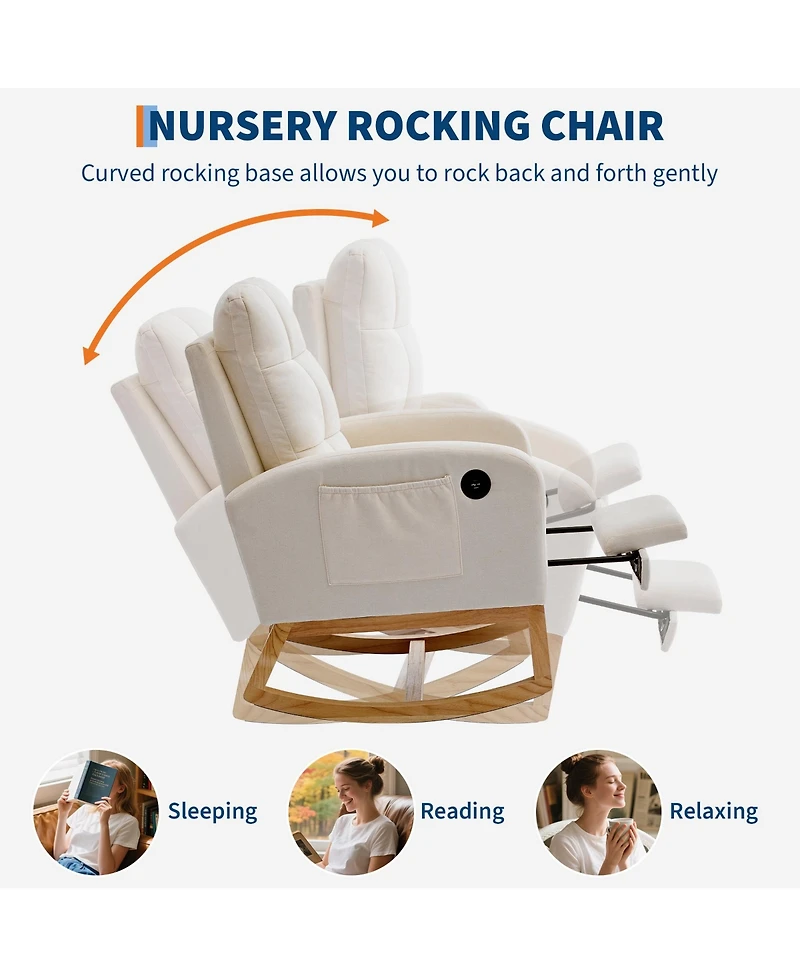 Rocking Chair, Linen Upholstered Glider Armchair for Nursery | Modern Rocker with Footrest, Side Pocket and Usb Ports for Living Room Bedroom
