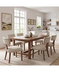 4 Set of Mid-Century Upholstered Dining Chairs, Linen Covered Chairs with Nailhead Trim, Curved Backrest and Wooden Legs for Kitchen, Dining Room