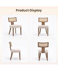 Set of 6 Mid-Century Farmhouse Dining Chairs, Linen Upholstered Chairs with Rattan Detail, Ergonomic Curved Backrest and Wooden Legs for Kitchen