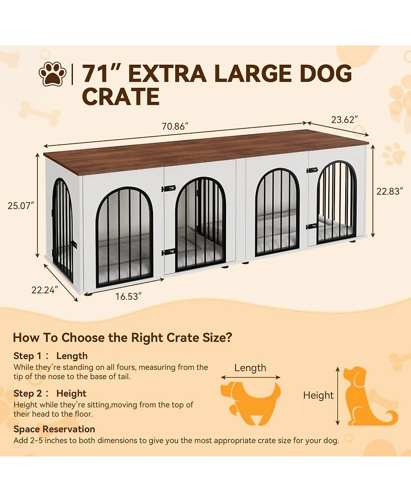 Dog Crate Furniture with Removable Divider, 71 Inch Indoor Double Pet Kennel Home for 2 Dogs, Tv Stand End Table, White and Brown
