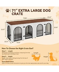Dog Crate Furniture with Removable Divider, 71 Inch Indoor Double Pet Kennel Home for 2 Dogs, Tv Stand End Table, White and Brown