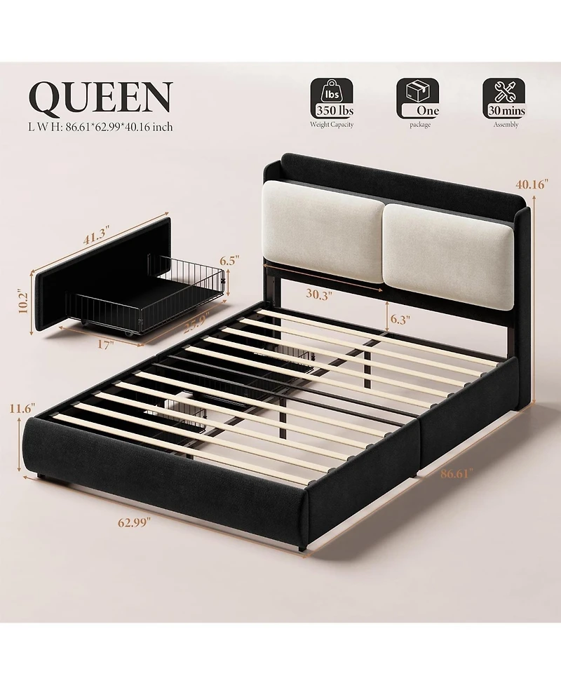 Upholstered Bed Frame with Shelf and Drawers, Chenille Platform Bed with Built in Headboard Shelf for Phone and Books