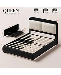 Upholstered Bed Frame with Shelf and Drawers, Chenille Platform Bed with Built in Headboard Shelf for Phone and Books