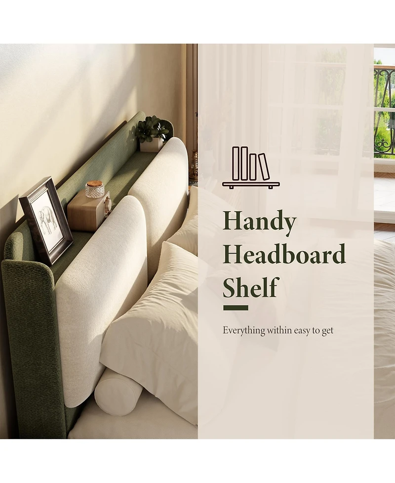 Upholstered Bed Frame with Shelf and Drawers, Chenille Platform Bed with Built in Headboard Shelf for Phone and Books