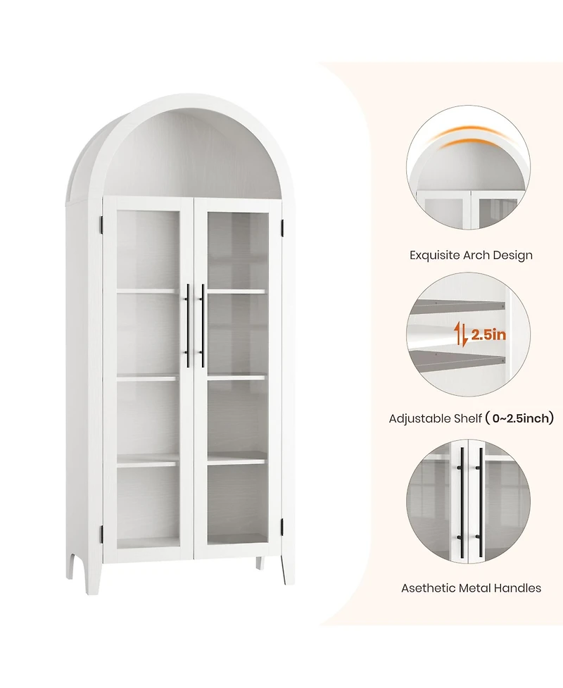Arched Kitchen Pantry Cabinet, Farmhouse 5 Tier Display Shelf with Adjustable Shelf and 2 Large Glass Doors, Versatile Cupboard for Kitchen