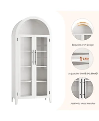 Arched Kitchen Pantry Cabinet, Farmhouse 5 Tier Display Shelf with Adjustable Shelf and 2 Large Glass Doors, Versatile Cupboard for Kitchen