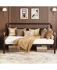 Daybed Frame Full Size Metal Space-Saving with Classic Wood Headboard Heavy Duty Steel Slats Noise-Free for Living Room Bedroom Guest Room