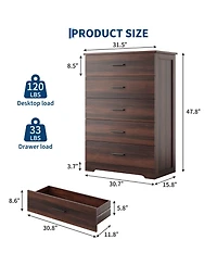 Dresser Set of 2 Mid-Century Modern 5-Drawer Chest Wood Storage Cabinet with Metal Handles for Bedroom Living Room Entryway Hallway