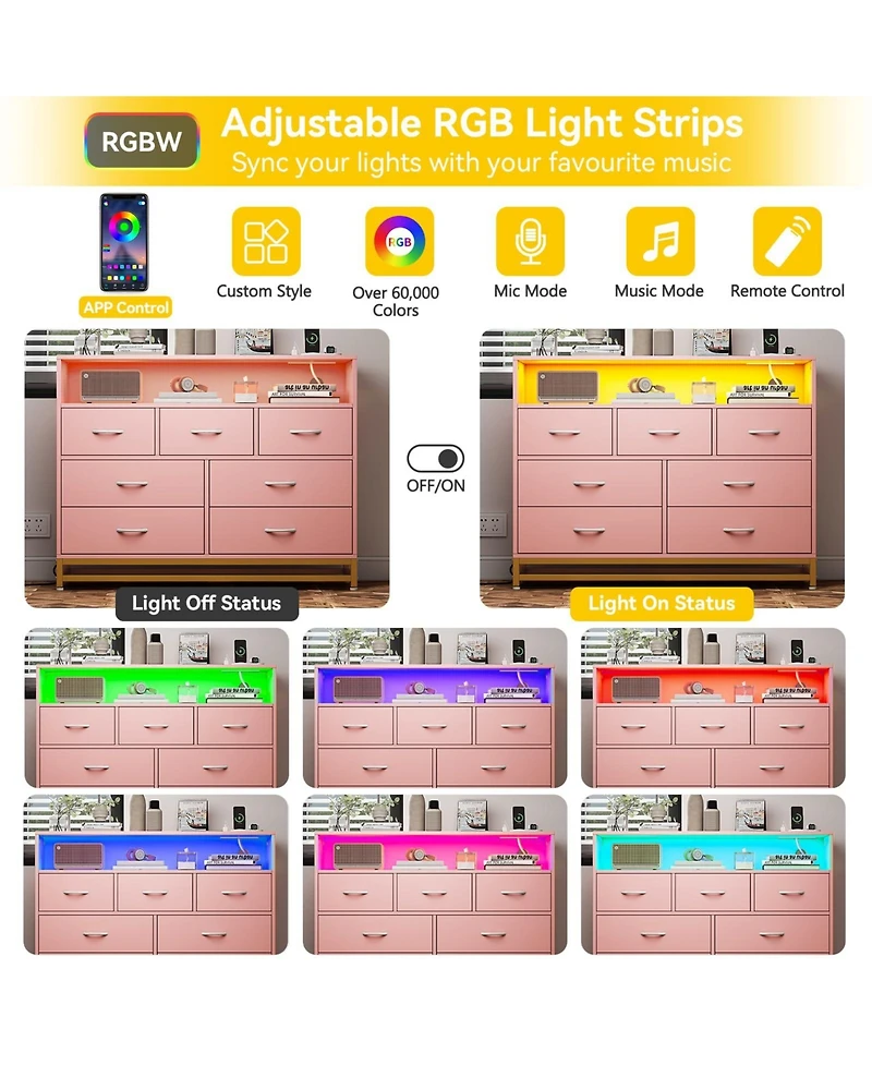 47 x 16 x 41 in 7 Drawer Dresser with Led Lights and Outlets, Engineered Wood Chest of Drawers with Compartments for Bedroom, Pink