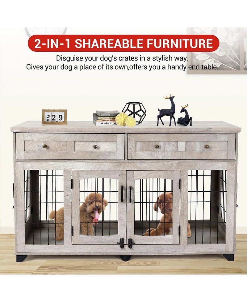 58 Inch Double Door Dog Crate, Large Engineered Wood Pet House with Metal Frame for Indoor Outdoor Use, Gray/Flamed Wood
