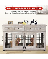 58 Inch Double Door Dog Crate, Large Engineered Wood Pet House with Metal Frame for Indoor Outdoor Use, Gray/Flamed Wood