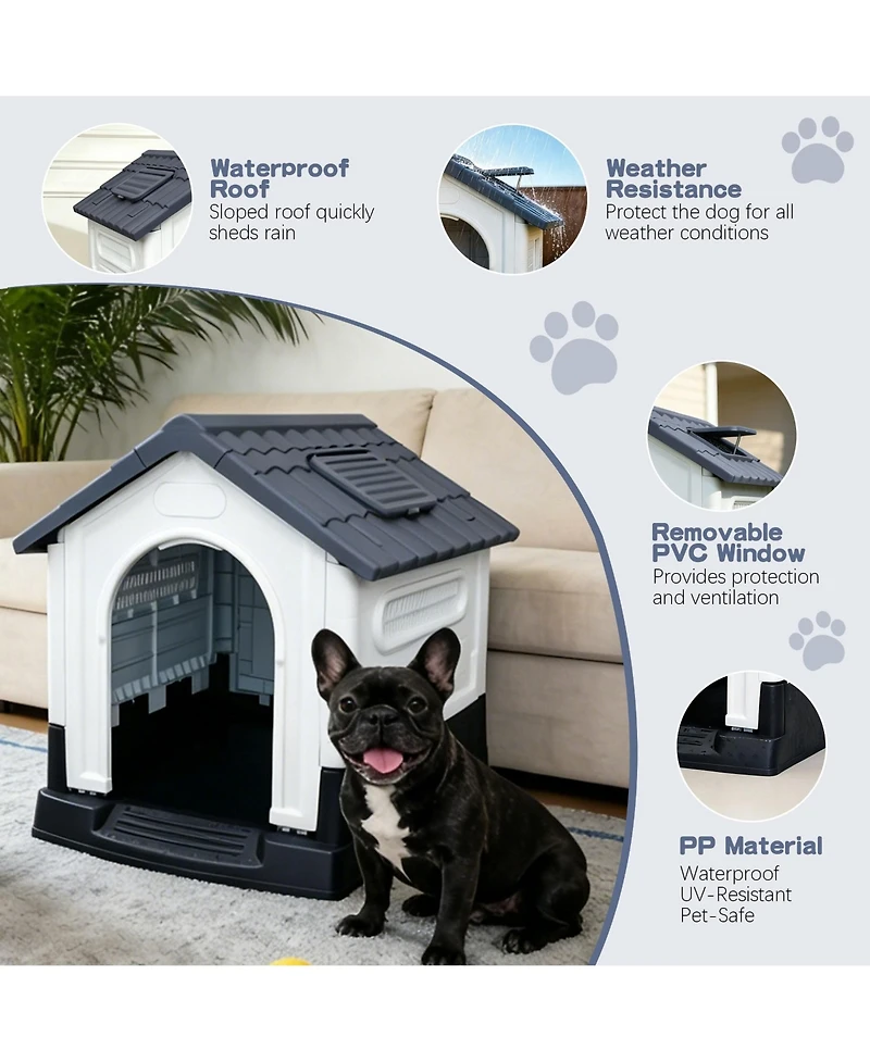 Small/Medium/Large Pp Dog Crate with Roof Window, Weatherproof Indoor Outdoor Dog House for Backyard Patio