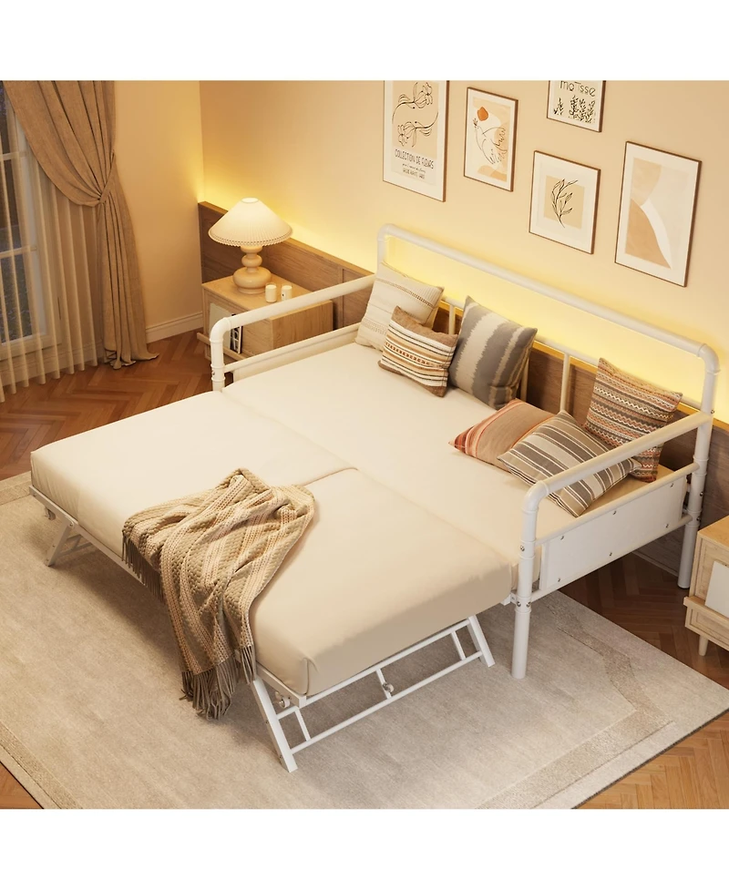 Full Daybed with Pop Up Trundle, White Platform Bed with Headboard, Steel Slat Support, No Box Spring Needed, Versatile Sofa Bed for Living Room