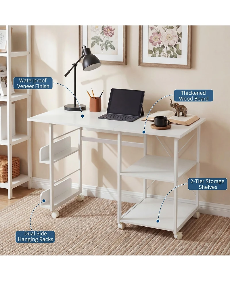 Folding Rolling Computer Desk, Space-Saving Versatile Home Office Writing Table with Wheels, Storage Shelf, Side Organizer for Bedroom Dorm