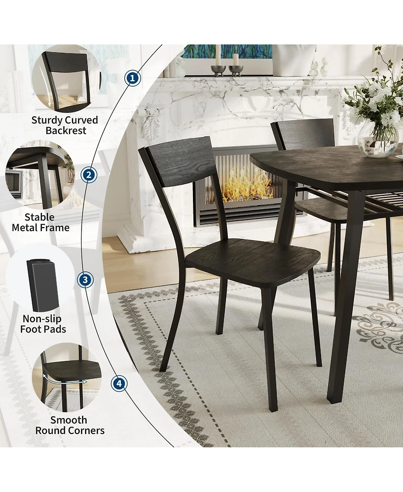 5-Piece Dining Table Set for 4, Space-Saving Kitchen Table and Ergonomic Curved Chairs with Under Table Storage Rack, Safe Rounded Corners, Black