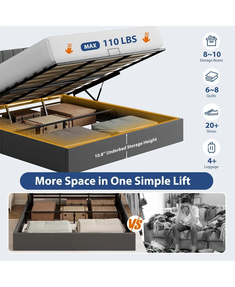 King Size Lift Up Storage Bed Frame, Linen Upholstered Platform Bed, Hydraulic System with Handle, No Box Spring Needed, Wood Slats Support
