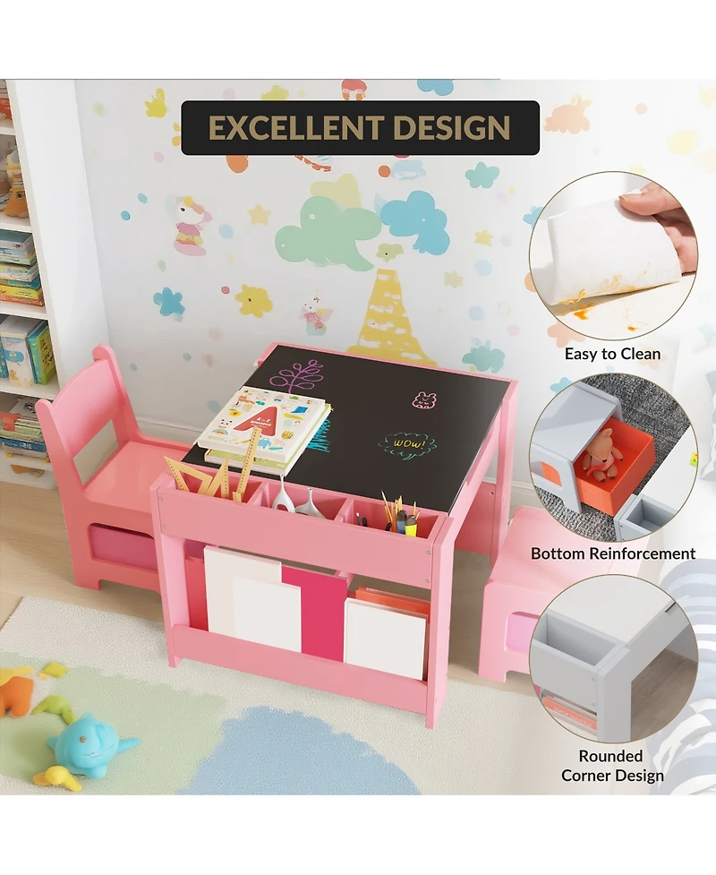 Kids Activity Table and Chair Set, Art Toddler Desk with Erasable Top, Storage Drawer for Children Reading, Playing, Drawing, Nursery Playroom