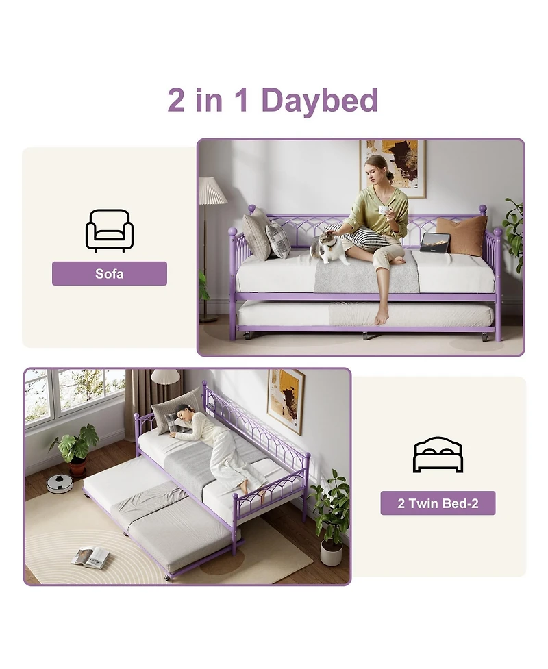 79" x 43" Twin Size Sofa Bed with Led Lights, Small Y Daybed with Lower Bed and Metal Frame, for Living Room Bedroom Dorm, Purple