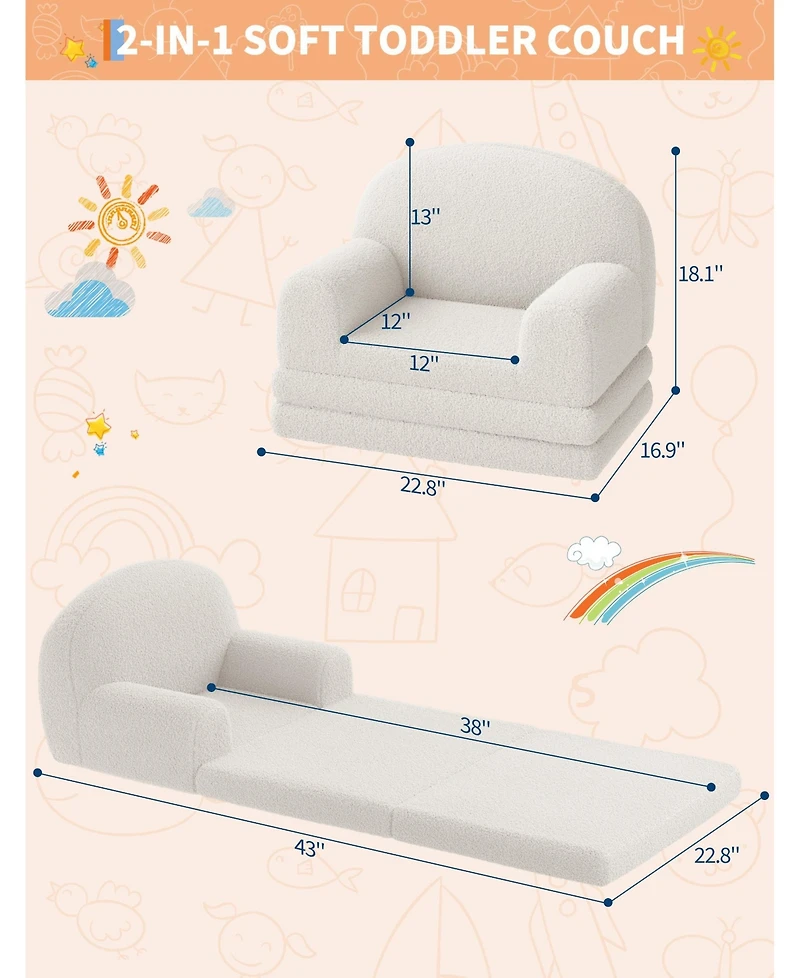 Convertible Kids Sofa, 2-in-1 Fold Out Kids Lounge Chair and Toddler Soft Couch for Playroom Nursery
