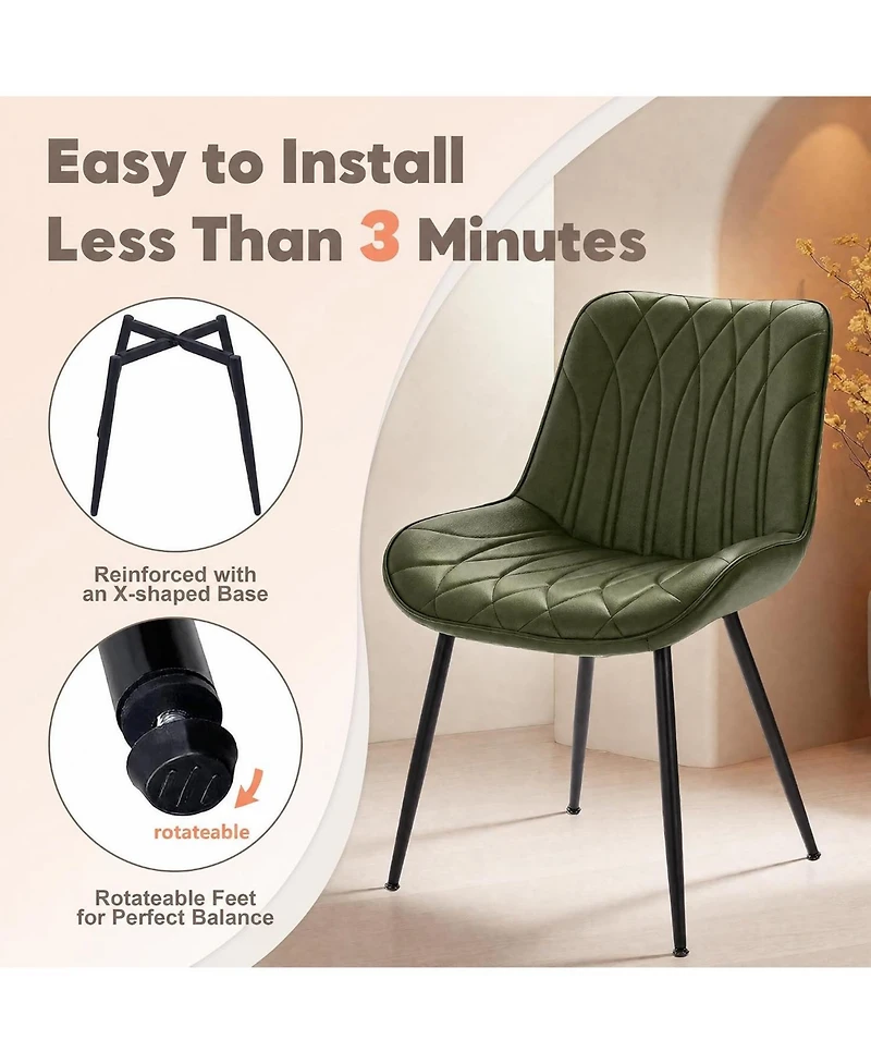 Dining Chairs Set of 2, Modern Upholstered Faux Leather Side Chairs with Thick Cushions and Metal Legs for Kitchen, Dining Room, Green