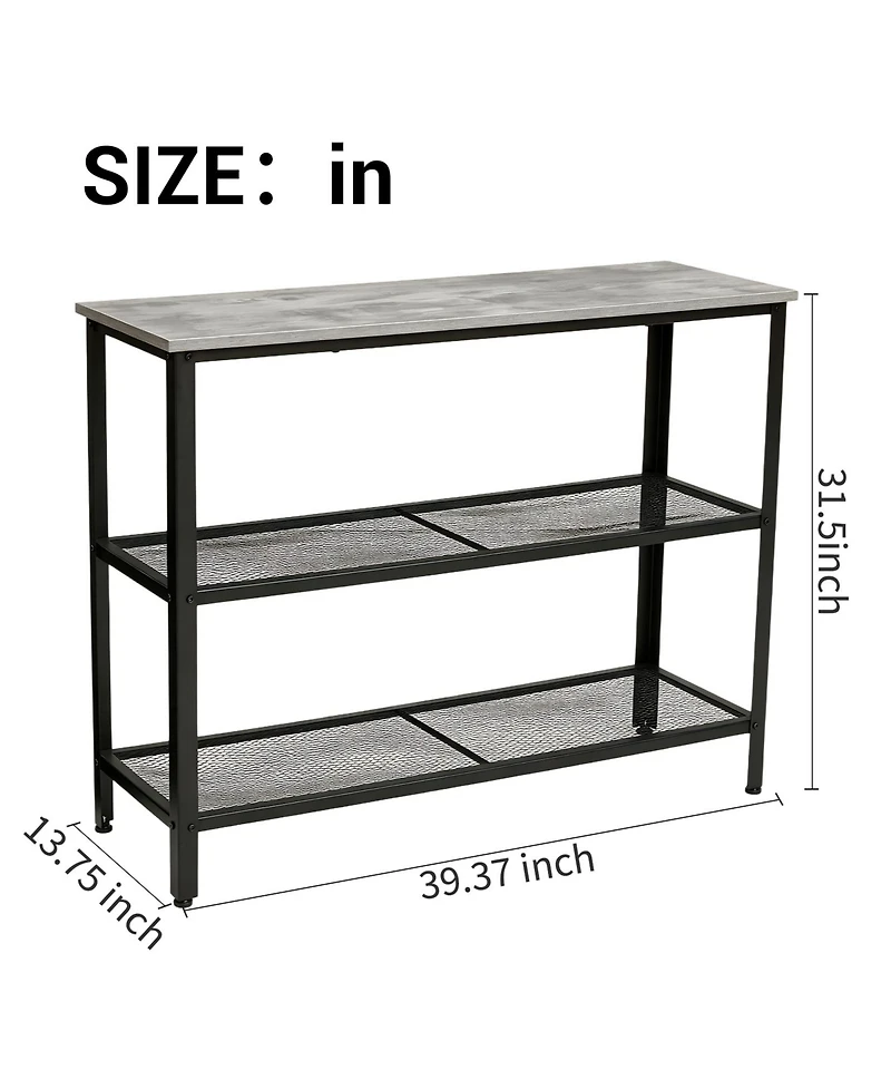 40" Industrial 3-Tier Console Table with Mesh Shelves, Rustic Grey and Black Metal Frame