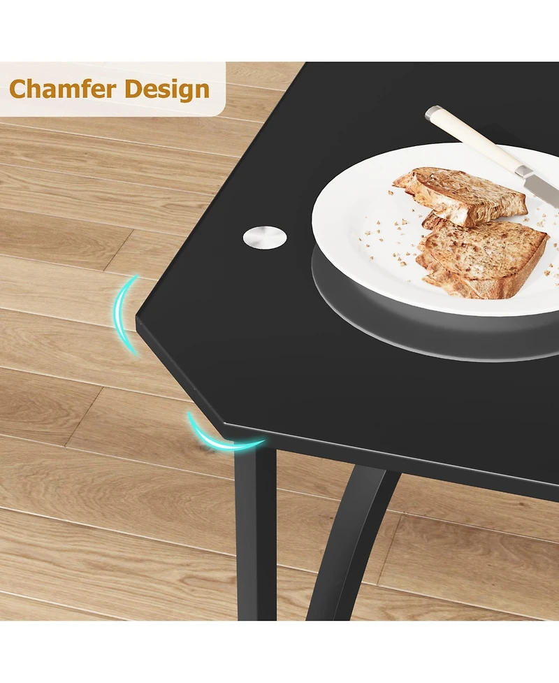 Dining Table Set 5 Piece Black Glass Top with 4 Upholstered Chairs Space Saving Compact Design Chamfered Edges for Kitchen Dining Room Apartment