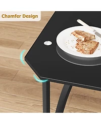 Dining Table Set 5 Piece Black Glass Top with 4 Upholstered Chairs Space Saving Compact Design Chamfered Edges for Kitchen Dining Room Apartment