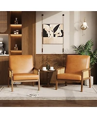 Rattan Accent Chair Contemporary High Back Wooden Frame Armchair Upholstered Boucle Pu Leather Cozy Reading Leisure for Living Room Bedroom