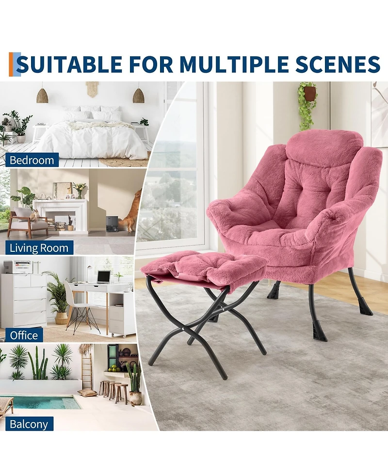 Accent Chair with Ottoman Set of 2 Lazy Chair Faux Fur Reading Chair with Armrest and Side Pocket Metal Legs for Bedroom Living Room Dorm Office