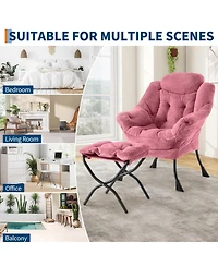 Accent Chair with Ottoman Set of 2 Lazy Chair Faux Fur Reading Chair with Armrest and Side Pocket Metal Legs for Bedroom Living Room Dorm Office