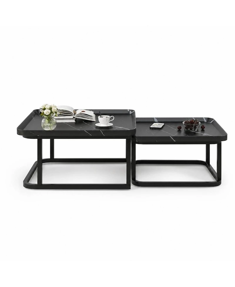 Set of 2 Black Nesting Coffee Tables, Mid-Century Modern Square Stackable Side Tables
