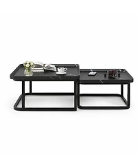 Set of 2 Black Nesting Coffee Tables, Mid-Century Modern Square Stackable Side Tables