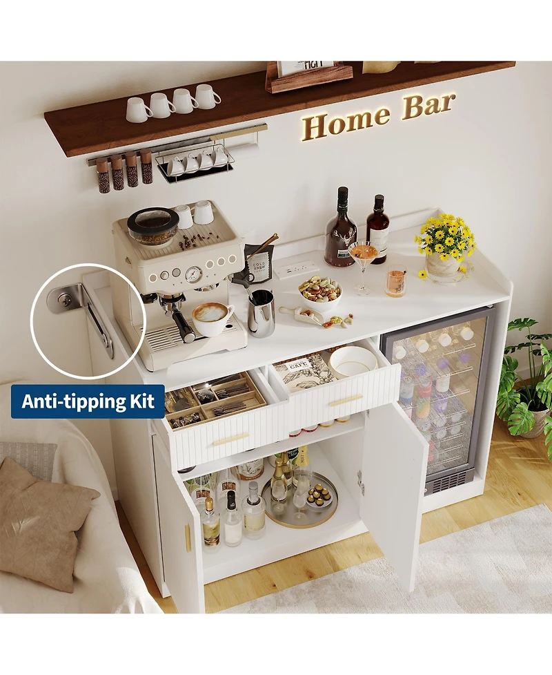 Coffee Bar Cabinet with Fridge Space, Fluted Wine Cabinet with Charging Station, Mini Fridge Cabinet Drawers Adjustable Shelf, Home Bar Dining Room