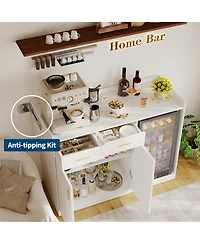 Coffee Bar Cabinet with Fridge Space, Fluted Wine Cabinet with Charging Station, Mini Fridge Cabinet Drawers Adjustable Shelf, Home Bar Dining Room