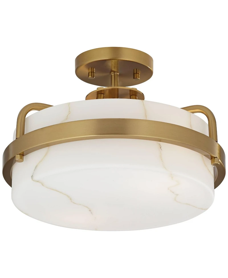 Possini Euro Design Bregman 13" Mid Century Modern Semi Flush-Mount Ceiling Light Fixture Kitchen Brass Finish White Stone Glass