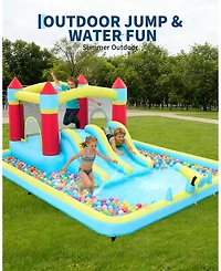 Kids Inflatable Bounce House with Slide, Outdoor Jumping Castle for Backyard Fun, Blower Included, Blue, Ages 3-10